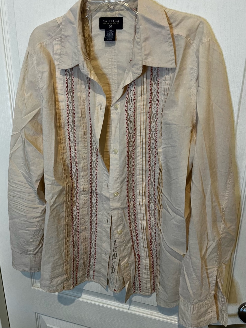 Nautica Cream Lightweight Button-Up Shirt Jacket with Red Stripe Embroidery